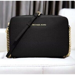 MICHAEL KORS Leather Jet Set East West Crossbody Bag With Chain Strap Black/Gold